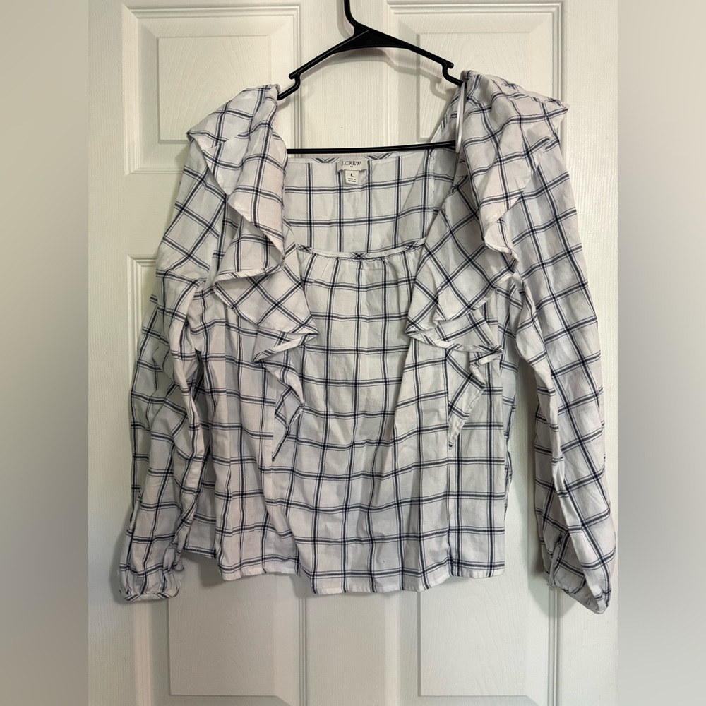J. Crew Blue and White Flowy Checkered Blouse